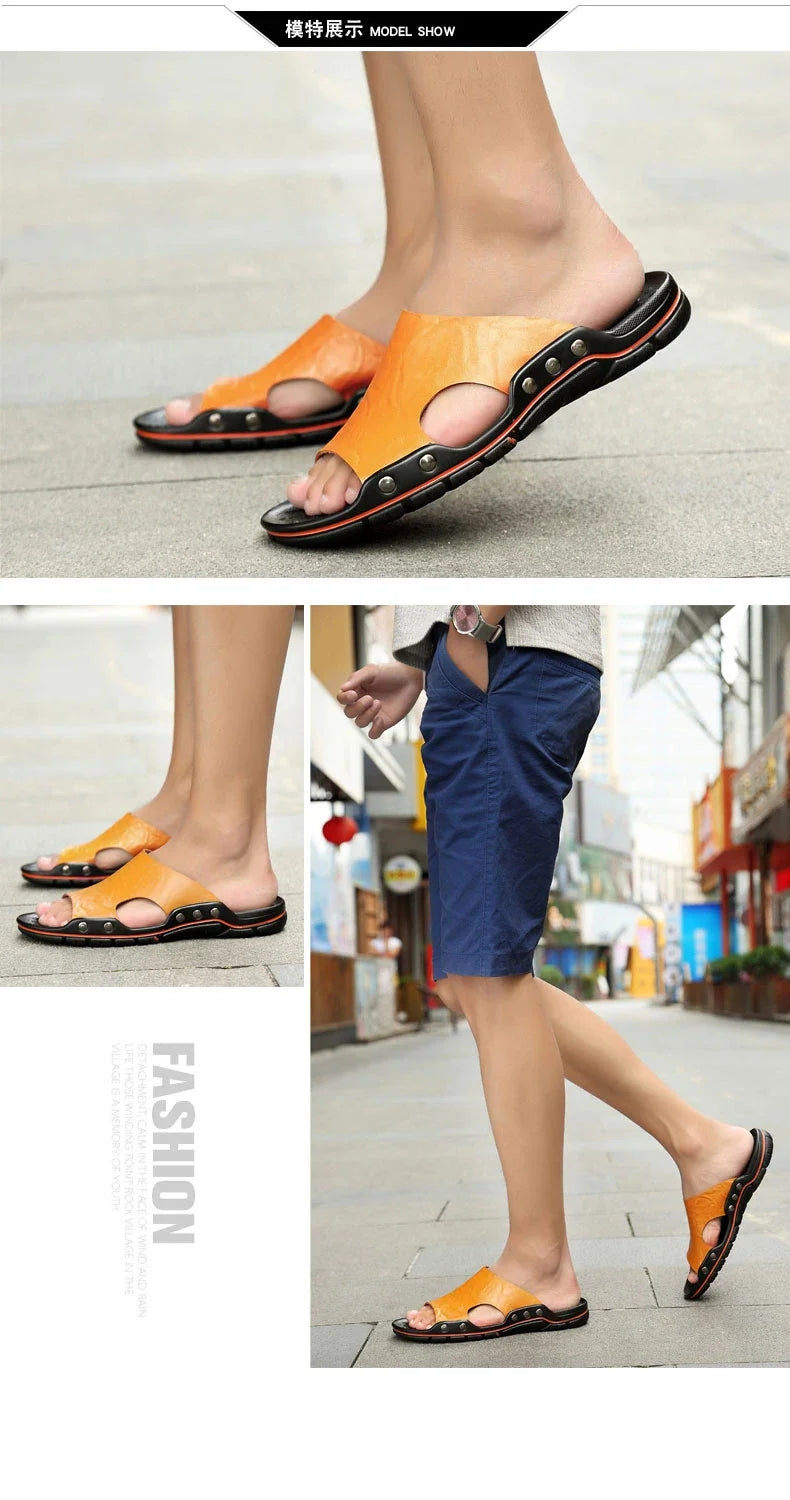 New Summer Slippers Men Sandals Soft Outdoor Slides High Quality Genuine Leather Comfortable Beach Sandals Outdoor Men Shoes