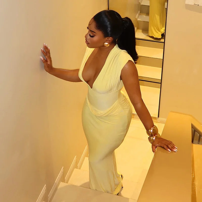 CHNMR Sexy Ruched Bodycon Maxi Dress Women Solid Sleeveless V-Neck Slim Long Dresses Female Party Evening Clubwaer Evening 2026