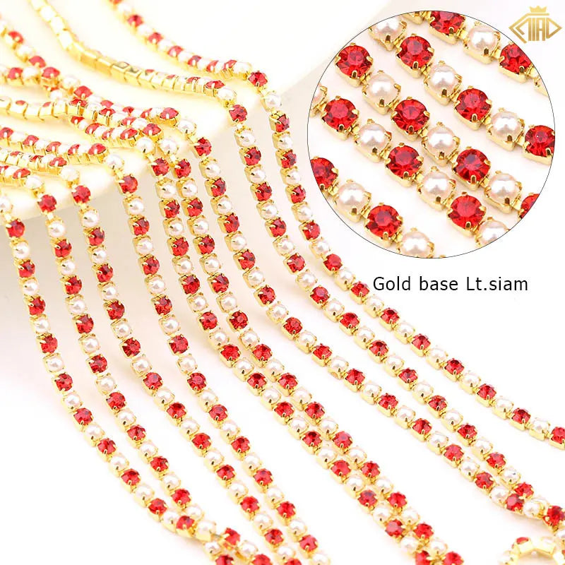 2Yards Pearl Rhinestones Copper Chain Silver/Gold Base Crystal Strass Gems Trim For DIY Sewing Clothes Dresses Accessories