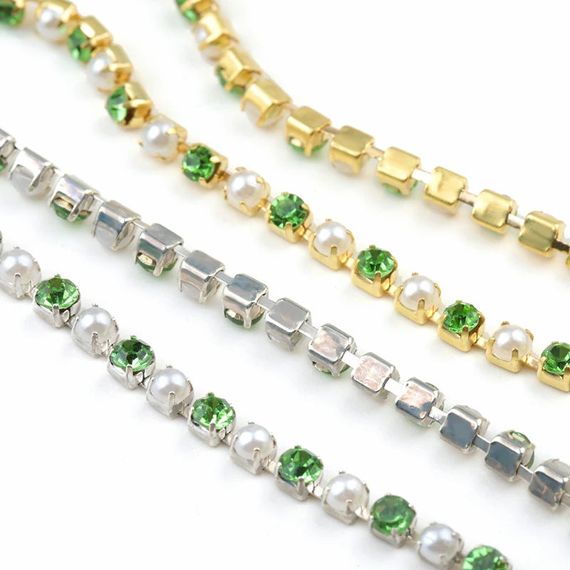 2Yards Pearl Rhinestones Copper Chain Silver/Gold Base Crystal Strass Gems Trim For DIY Sewing Clothes Dresses Accessories