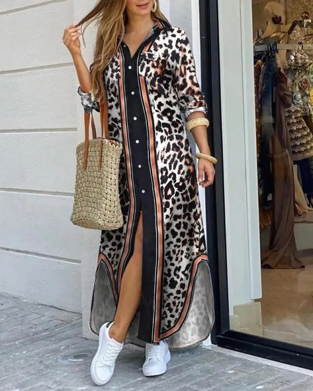 New Autumn Long Dress Long Sleeve Shirt Dress Women Denim Long Dresses Pocket Button Shirt Print Dress Casual Loose Dresses 2023