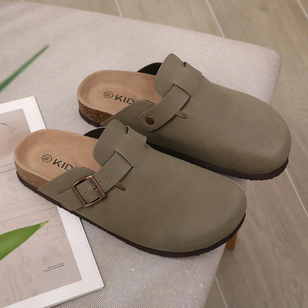 Comwarm Buckle Clogs For Women Men New Genuine Suede Clogs with Arch Support Soft Cork Footbed Mules Fashion Thick Beach Sandals