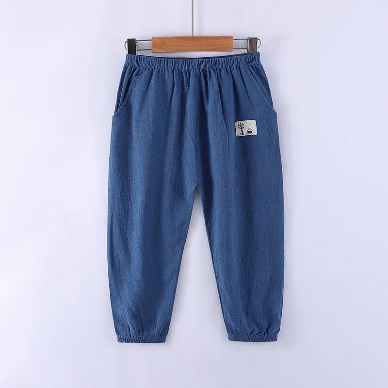 Children Trousers For Boys Girls Cotton Linen Elastic Waist Solid Color Summer Mosquito Pants Kids Clothing Long Pants 100-160cm