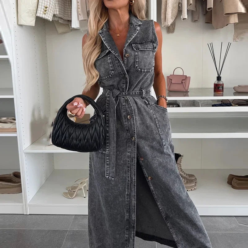 Elegant Laple Collar Lace-up Solid Denim Dress Casual Sleeveless Pocket Slim Long Dress Women Fashion Button Waist Party Dresses