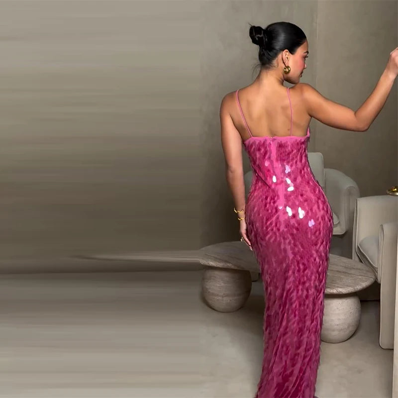 Sexy Sequined Women's Dress Hollow Out Backless V-Neck Slip Top Lady Long Dresses 2026 Spring Summer Female Holiday Robe New