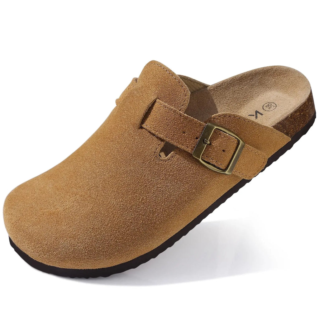 Comwarm Buckle Clogs For Women Men New Genuine Suede Clogs with Arch Support Soft Cork Footbed Mules Fashion Thick Beach Sandals