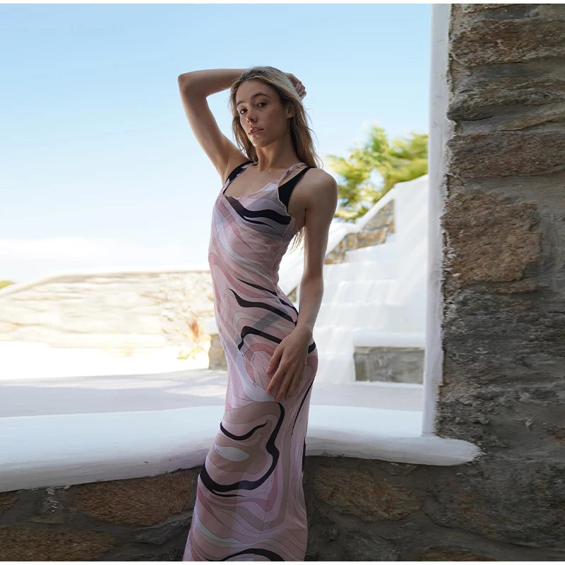2025 New Fashion Print Beach Long Dress Summer Women Spaghetti Strap Dress Long Sleeve O-Neck Dresses Summer New Lady Robes