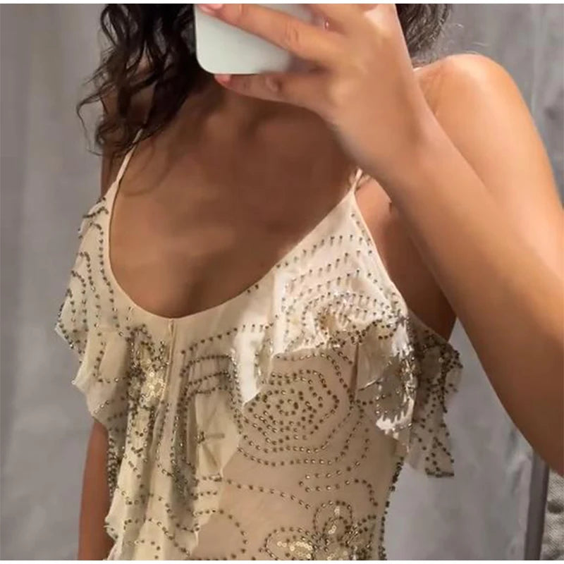 Sexy Beading Sequined Sling Long Dress Women Loose Solid V-neck Sleeveless Ruffled Shiny Dresses 2025 Summer Lady Evening Robes