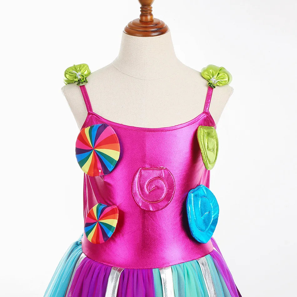 Girls Rainbow Lollipop Costume Princess Dress Purim Festival Candy Vestido Fancy Carnival Birthday Children Fantasy Wings Outfit