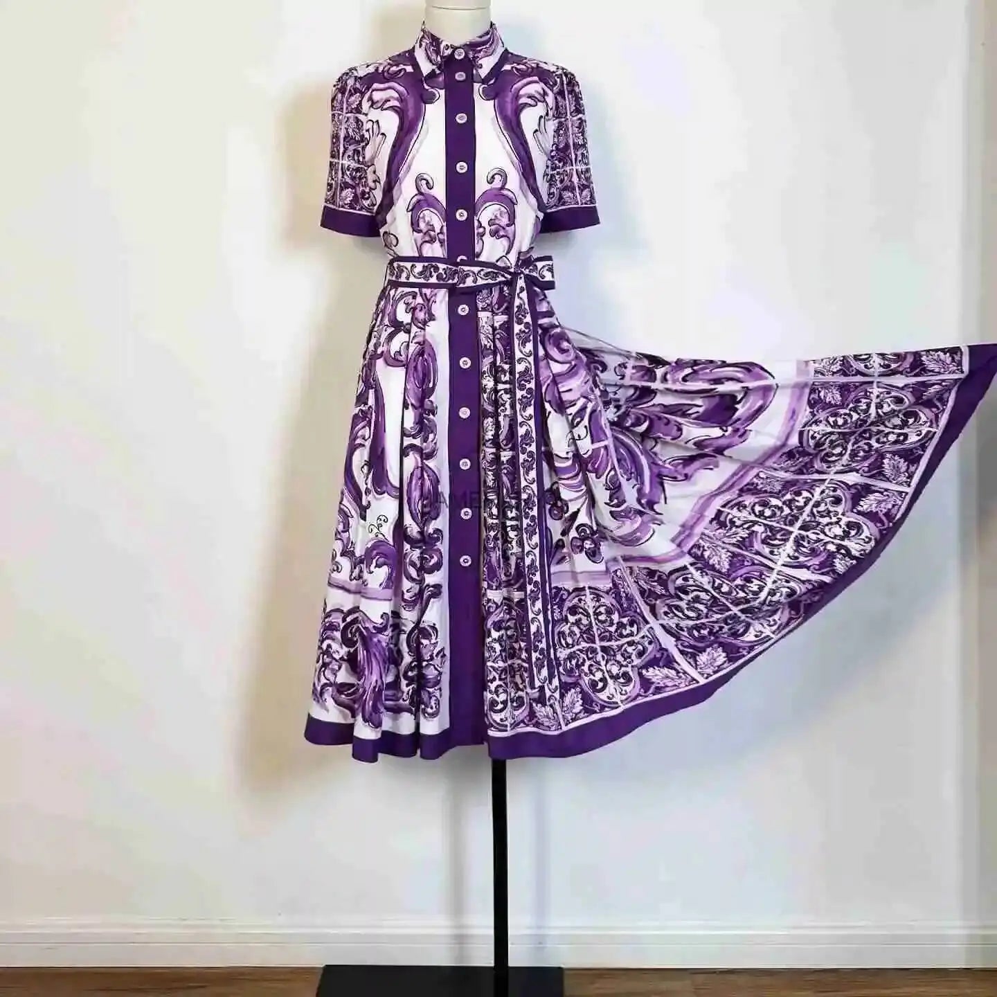 Fashion Summer Floral Long Dress Women Purple Porcelain Print Midi Dresses Shirt Single Breasted Office Lady Work Holiday Runway