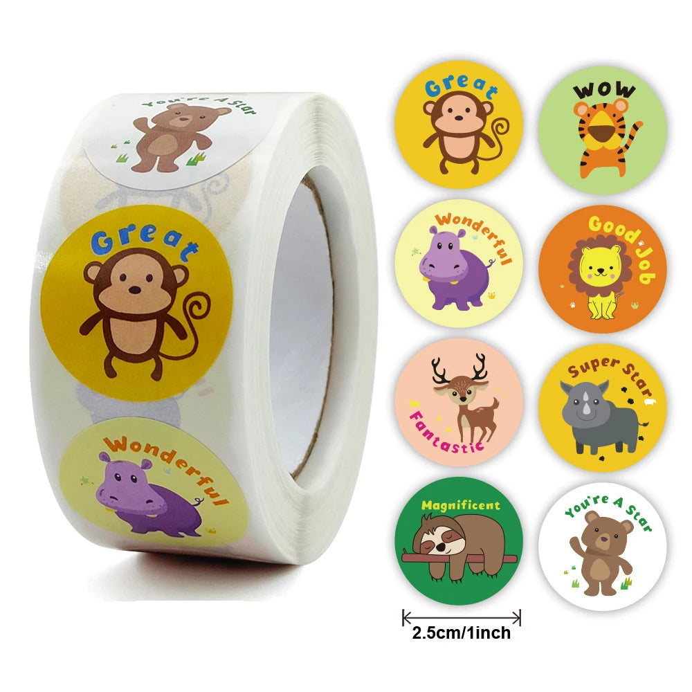 500Pcs Reward Stickers Motivational Stickers Roll for School Reward Students Teachers Cute Animals Stickers Labels