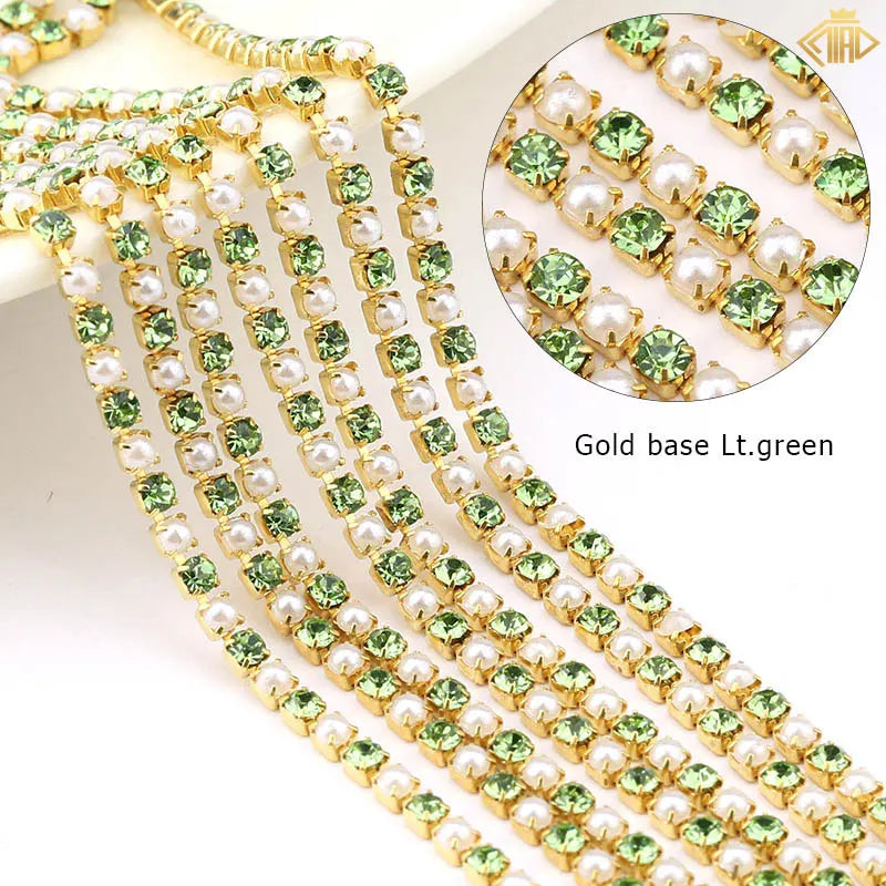 2Yards Pearl Rhinestones Copper Chain Silver/Gold Base Crystal Strass Gems Trim For DIY Sewing Clothes Dresses Accessories
