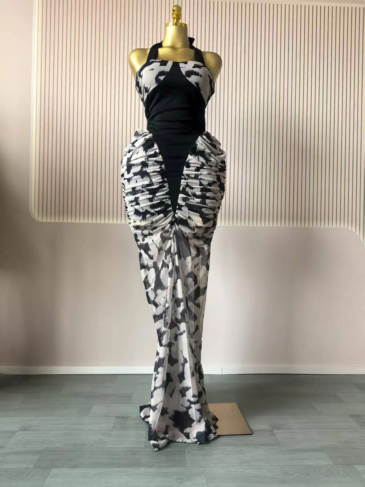 CM.YAYA Women Print Patchwork Stacked Ruched Sleeveless Bodycon Midi Maxi Long Dress 2025 Birthday Vacation Sexy Party Dresses
