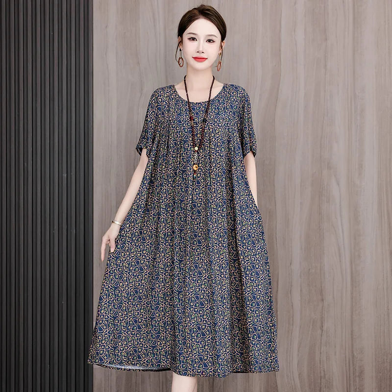 New Casual Fashion 2025 Summer Dress For Women Floral Printing Short Sleeve Elegant Vintage O-Neck Dresses Women Clothing