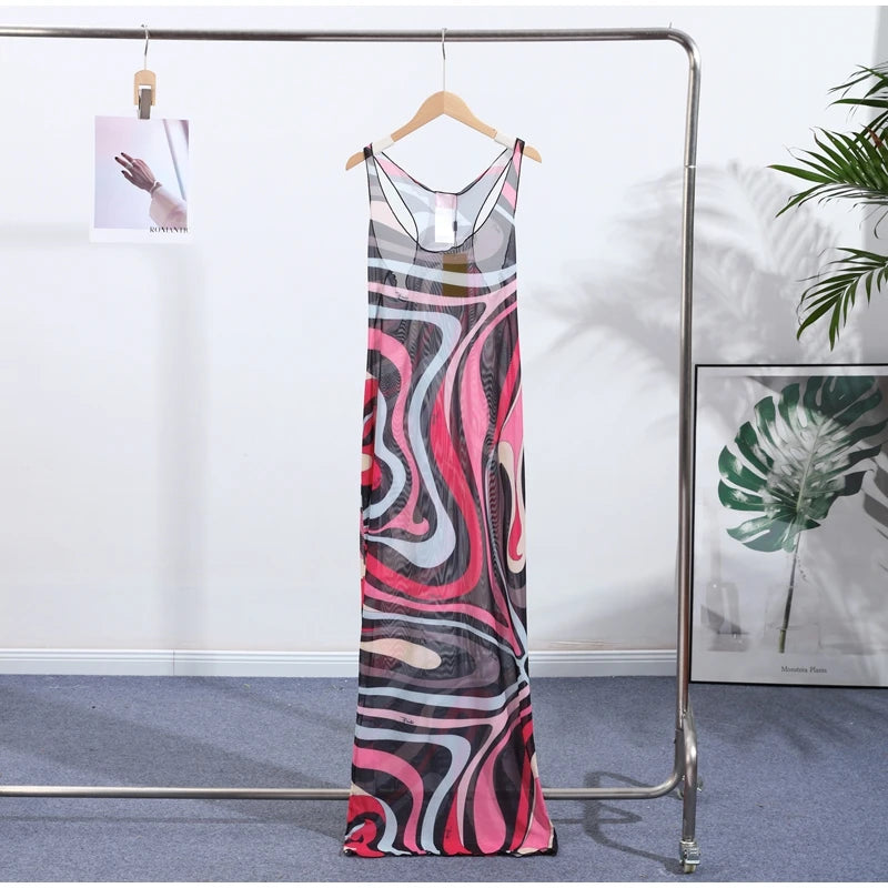 2025 New Fashion Print Beach Long Dress Summer Women Spaghetti Strap Dress Long Sleeve O-Neck Dresses Summer New Lady Robes