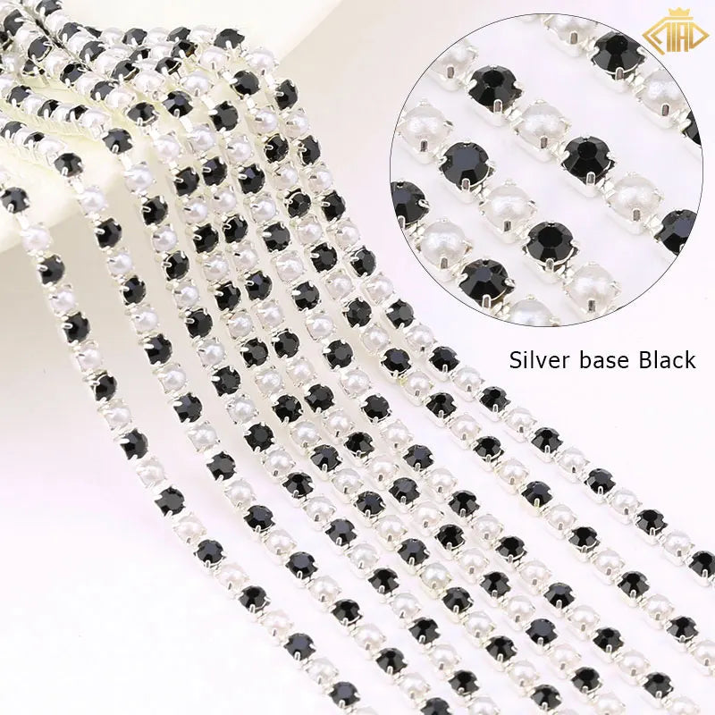2Yards Pearl Rhinestones Copper Chain Silver/Gold Base Crystal Strass Gems Trim For DIY Sewing Clothes Dresses Accessories