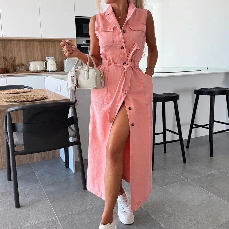 Elegant Laple Collar Lace-up Solid Denim Dress Casual Sleeveless Pocket Slim Long Dress Women Fashion Button Waist Party Dresses