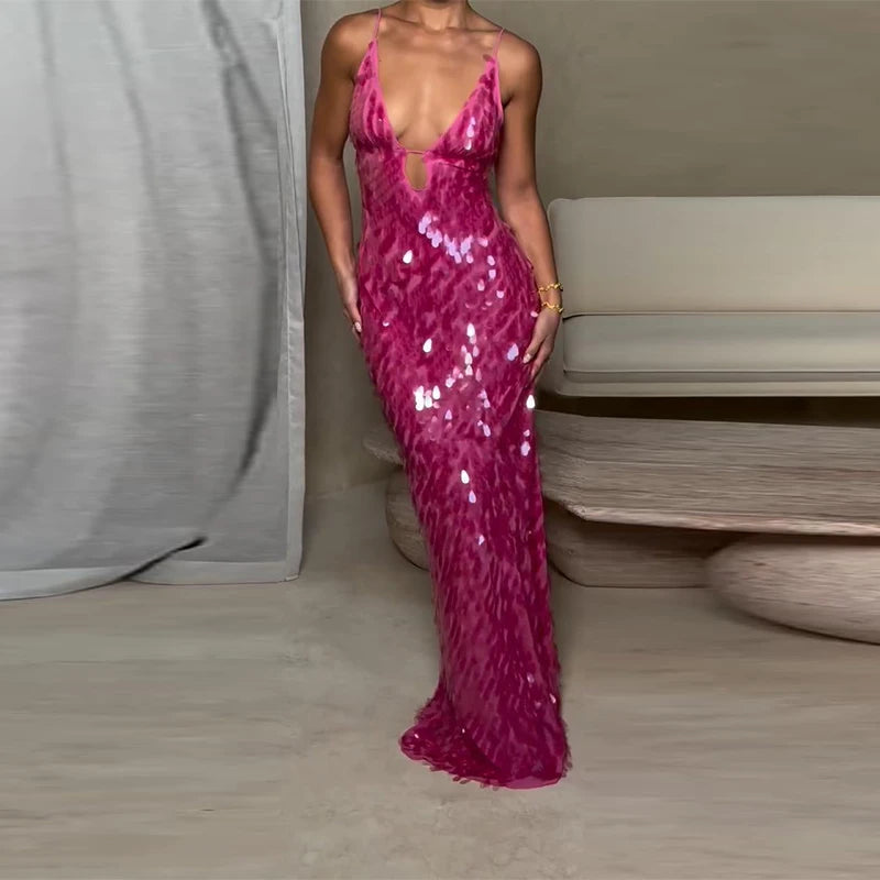 Sexy Sequined Women's Dress Hollow Out Backless V-Neck Slip Top Lady Long Dresses 2026 Spring Summer Female Holiday Robe New