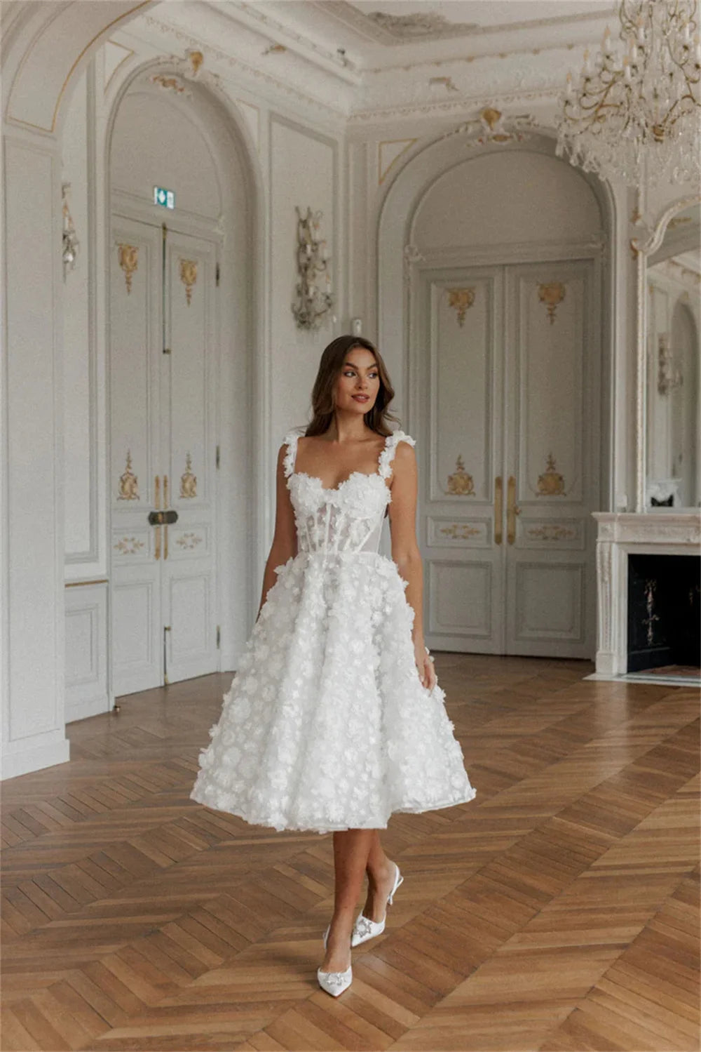 Amanda Lace Spaghetti Strap A-Line robes de soirée V Neck Knee-Length Evening Dresses Applique Valentines Day Wedding Dress