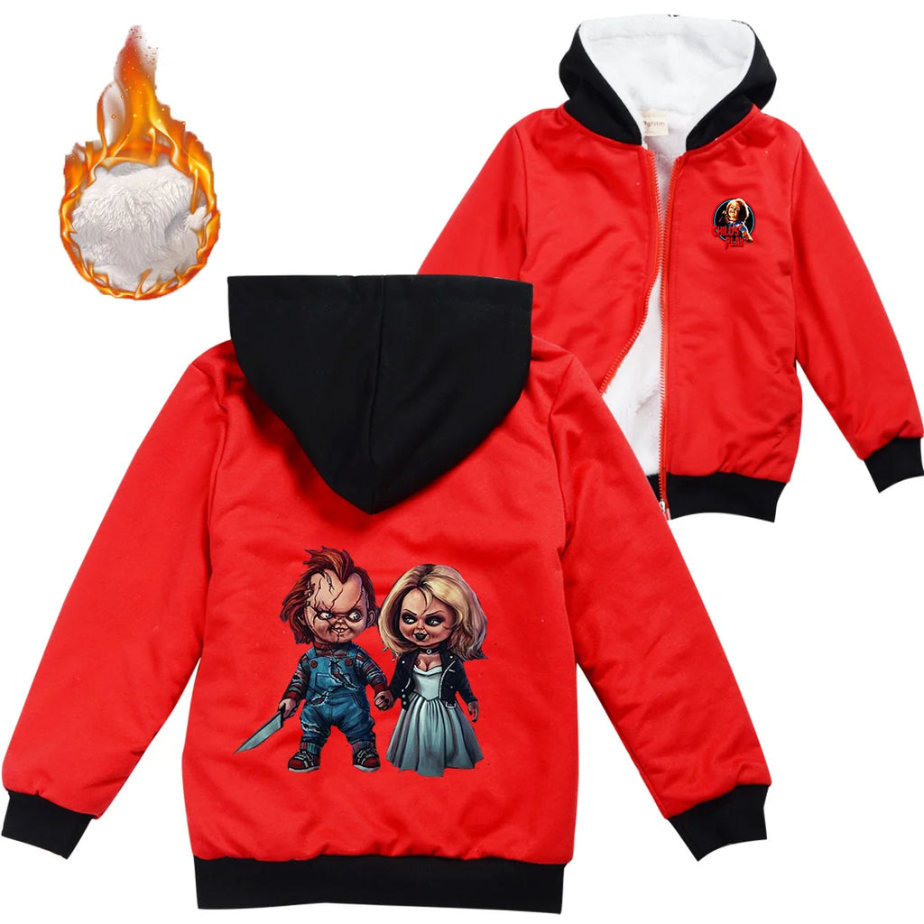 Child's Play Chucky Warm Winter Jacket For Boys Girls with Zipper Children Coat Thicken Hooded Sweater Kids Outerwear