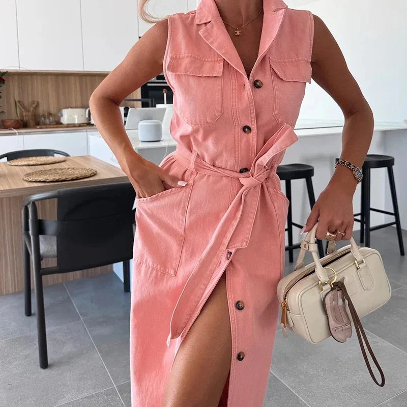 Elegant Laple Collar Lace-up Solid Denim Dress Casual Sleeveless Pocket Slim Long Dress Women Fashion Button Waist Party Dresses