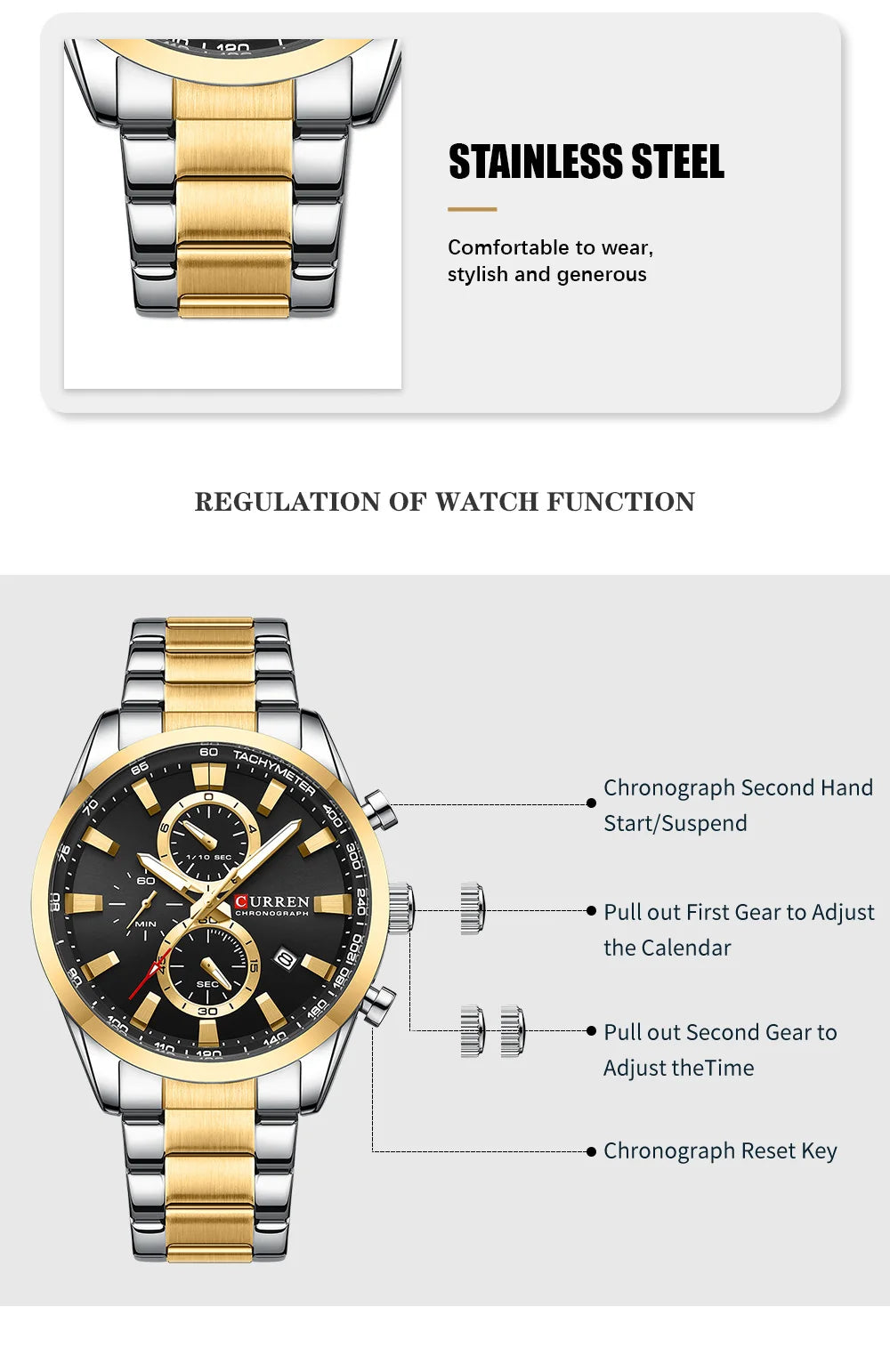 CURREN Casual Sporty Brand Stainless Steel Band Wristwatches for Men  Chronograph Quartz Watches with Date New 8445