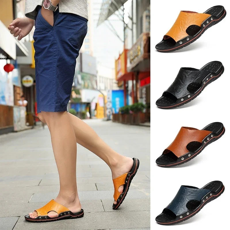 New Summer Slippers Men Sandals Soft Outdoor Slides High Quality Genuine Leather Comfortable Beach Sandals Outdoor Men Shoes