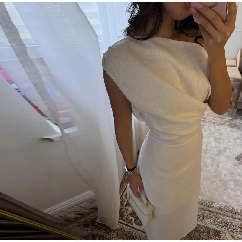 Elegant Off Shoulder Pleated Long Dress Slim Slash Neck Sleeveless Female Party Dresses 2026 Summer Autumn Lady Chic Solid Robes
