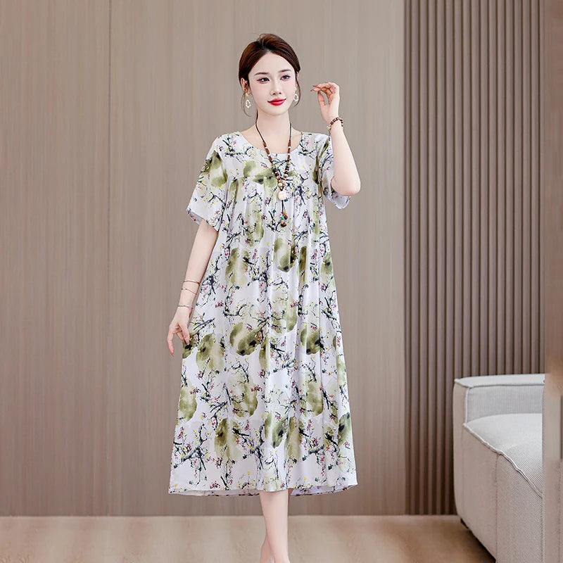 New Casual Fashion 2025 Summer Dress For Women Floral Printing Short Sleeve Elegant Vintage O-Neck Dresses Women Clothing