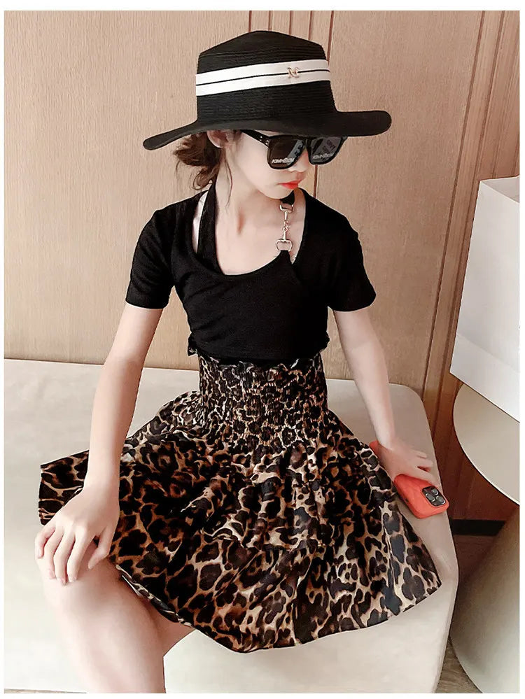 Summer Young Girls Clothes Two Ways To Wear Leopard Print Skirt One-Piece Tube Dress Fashion Children Streetwear Strapless Dress