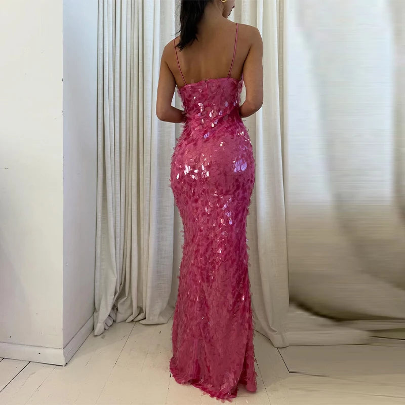 Sexy Sequined Women's Dress Hollow Out Backless V-Neck Slip Top Lady Long Dresses 2026 Spring Summer Female Holiday Robe New