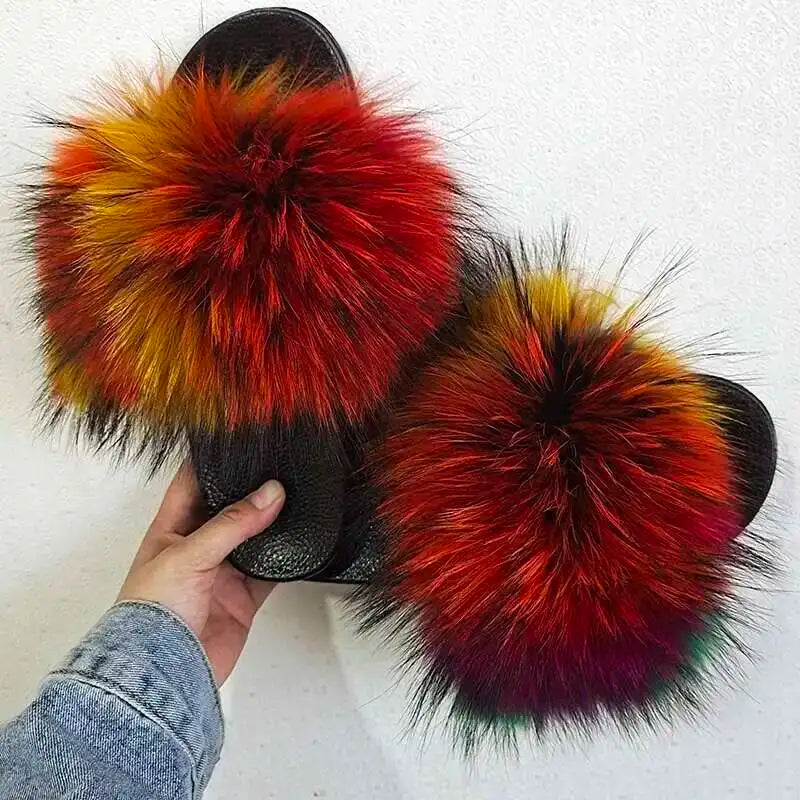 Real Raccoon Fur Slippers For Women 2023 Summer Fluffy Indoor House Fuzzy Flat Slides Outdoor Fashion Beach Sandals Flip Flops