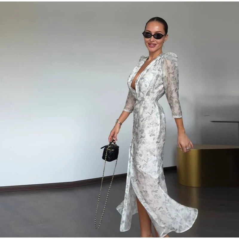 Floral Print Sheer Chiffon Dress Deep V-neck Single Breasted Split Bodycon Mermaid Gown 2026 Summer Chic Elegant Party Dresses