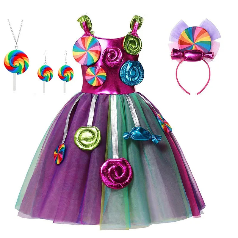 Girls Rainbow Lollipop Costume Princess Dress Purim Festival Candy Vestido Fancy Carnival Birthday Children Fantasy Wings Outfit