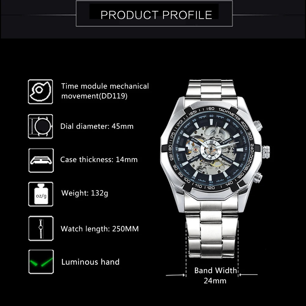 WINNER Fashion Skeleton Watch for Men Luminous Hand Classsic Mechanical Watches Stainless Steel Band Luxury Forsining Wristwatch