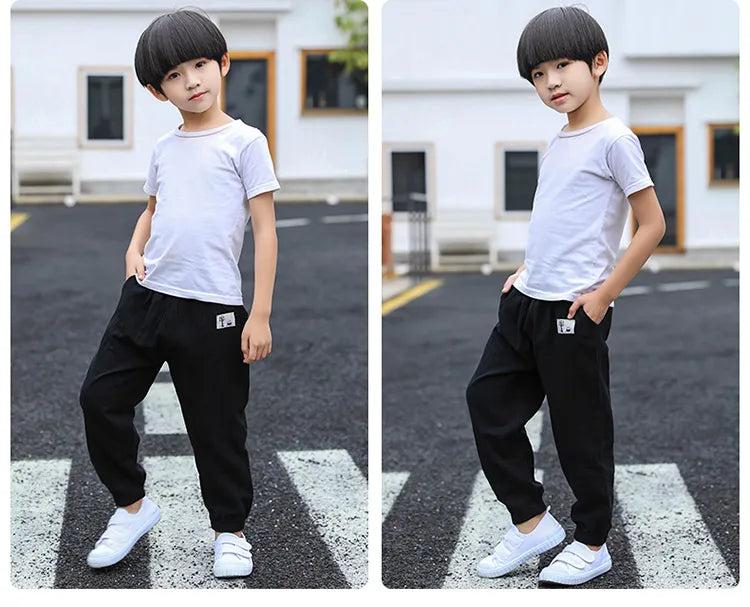 Children Trousers For Boys Girls Cotton Linen Elastic Waist Solid Color Summer Mosquito Pants Kids Clothing Long Pants 100-160cm