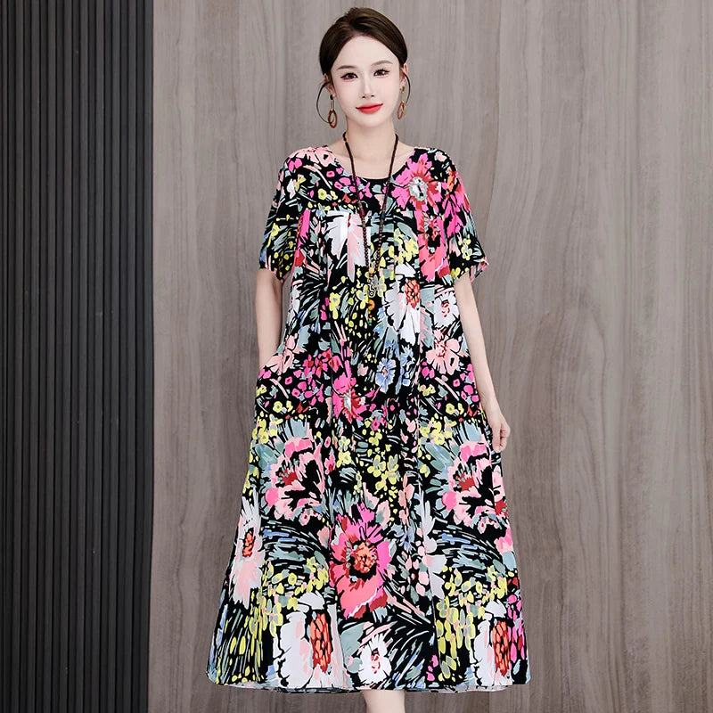 New Casual Fashion 2025 Summer Dress For Women Floral Printing Short Sleeve Elegant Vintage O-Neck Dresses Women Clothing