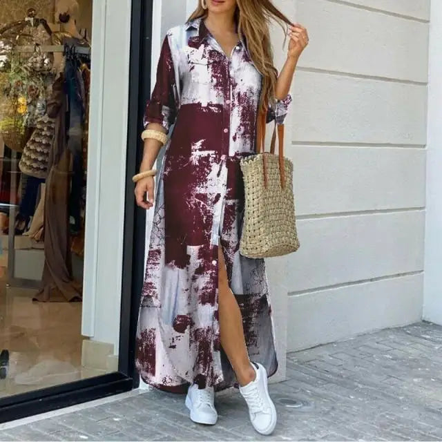 New Autumn Long Dress Long Sleeve Shirt Dress Women Denim Long Dresses Pocket Button Shirt Print Dress Casual Loose Dresses 2023