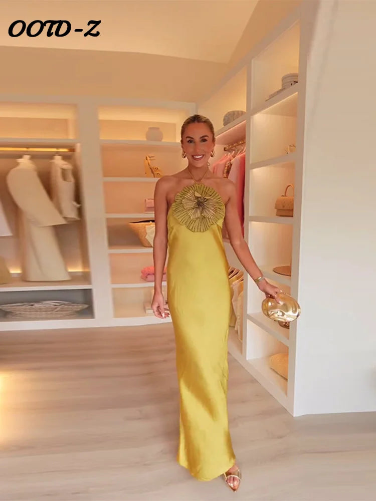 Elegant 3d Floral Dress Women Holiday Party Sexy Slim Fit Halter Neck Sleeveless Backless Evening Dresses 2025 Summer Lady Robes
