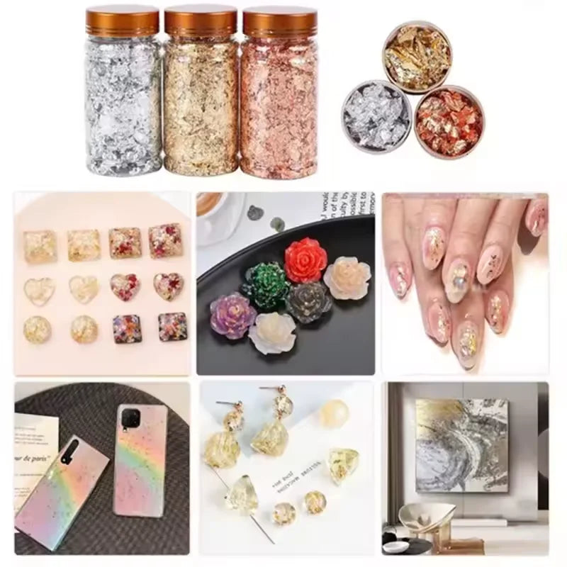 Metallic Foil Flakes Golden Silvery Foil Decorative Paper Resin Mold Fillings Resin Jewelry Making For Nail Art, Painting, Craf