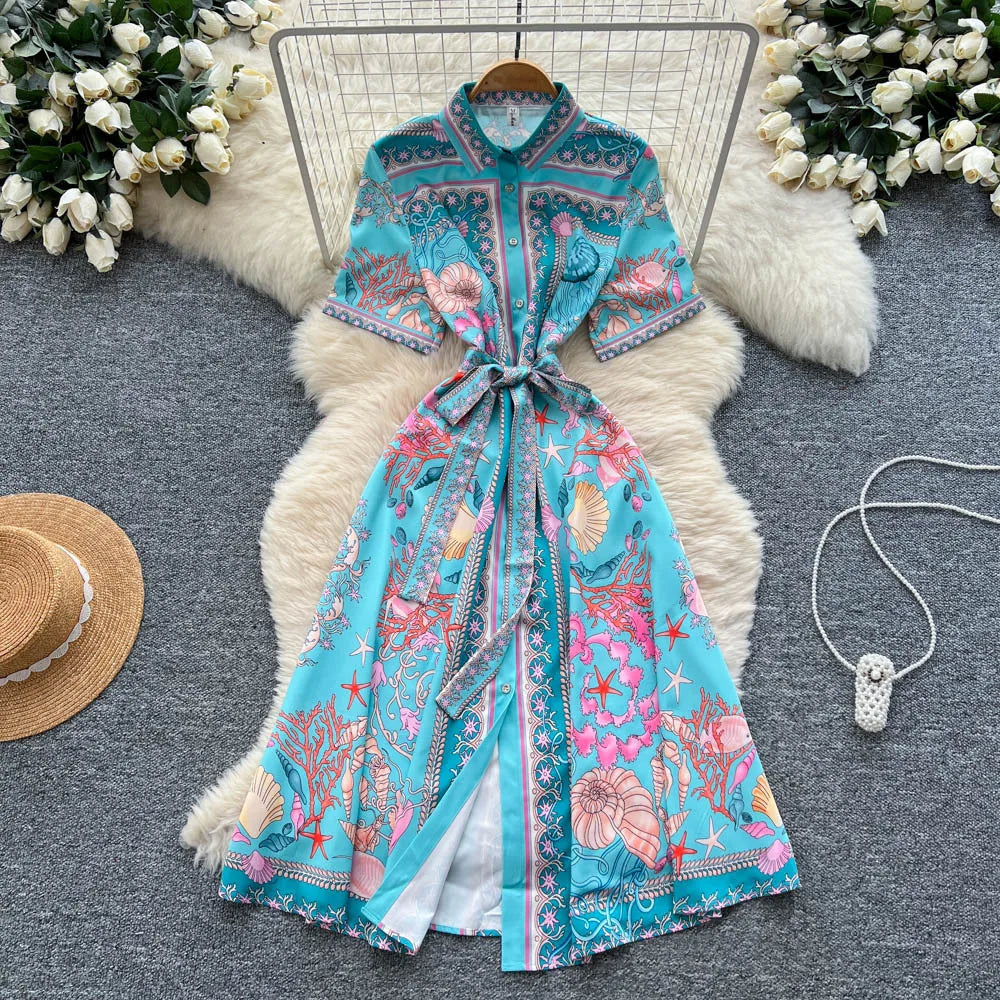 Fashion Summer Floral Long Dress Women Purple Porcelain Print Midi Dresses Shirt Single Breasted Office Lady Work Holiday Runway