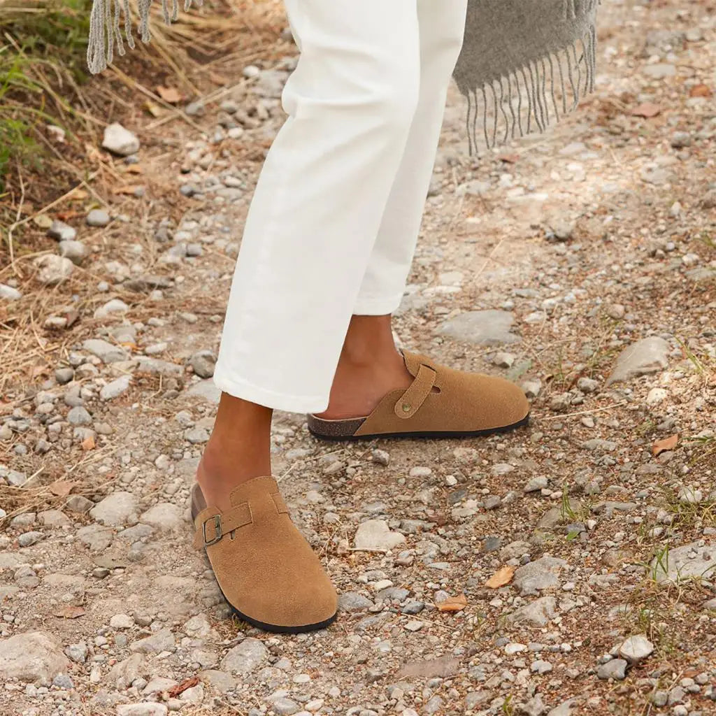 Comwarm Buckle Clogs For Women Men New Genuine Suede Clogs with Arch Support Soft Cork Footbed Mules Fashion Thick Beach Sandals