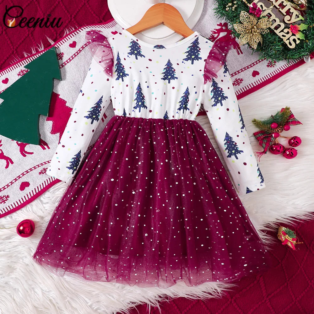 4-7Y Kids Christmas Dresses For Girls Bow Green Xmas Tree Hoodies Dress For New Year Kids Girl Evening Dress Festival Clothing
