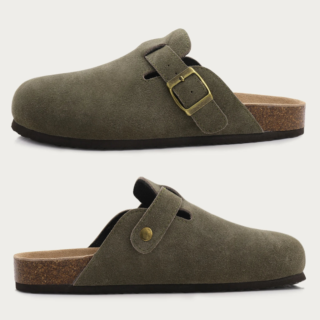 Comwarm Buckle Clogs For Women Men New Genuine Suede Clogs with Arch Support Soft Cork Footbed Mules Fashion Thick Beach Sandals