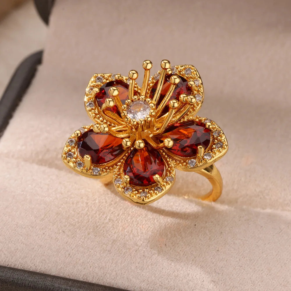 Colorful Zircon Flower Rings For Women Gold Color Stainless Steel Floral Ring Elegant Luxury Wedding Aesthetic Jewelry Gift