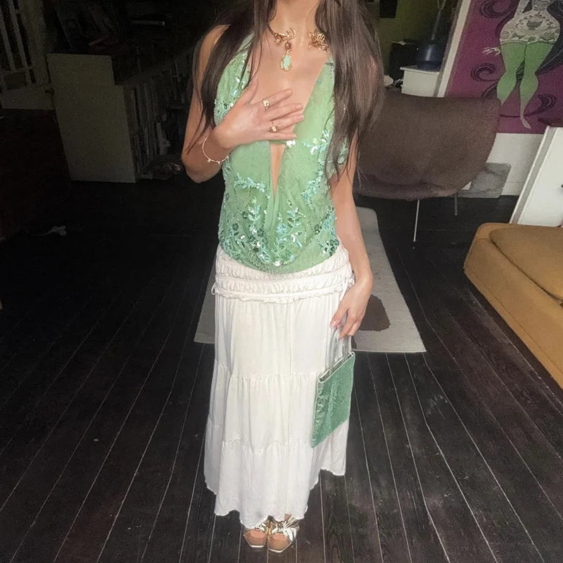 DGLUKE Green Sequin Top Women V-Neck Backless Crop Tops Summer Halter Neck Tank Top Camisole Sexy Glitter Shiny Club Party Tops