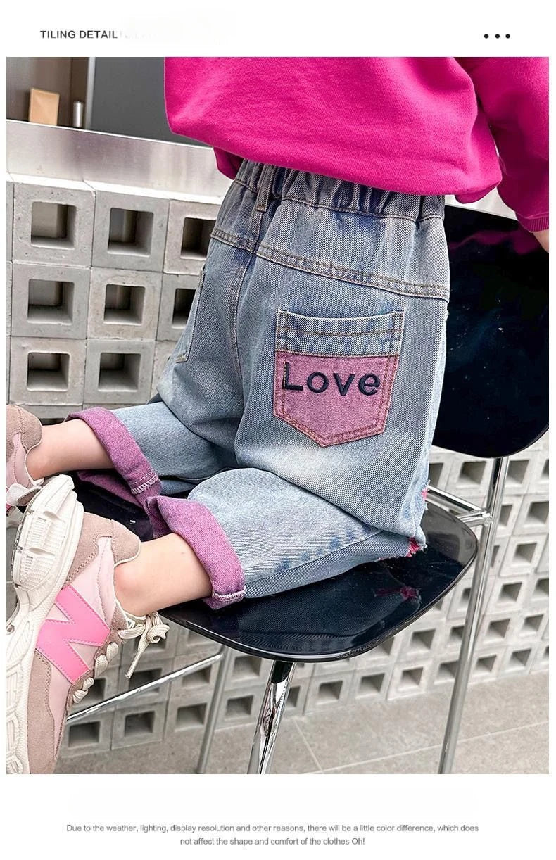 Girls Ripped Jeans Spring Autumn New Children Aging Denim Pants Fashion 2-10Y Kid's Straight Pants Cute Letter Trouser