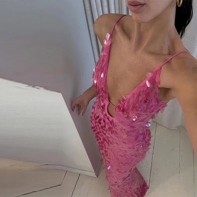 Sexy Sequined Women's Dress Hollow Out Backless V-Neck Slip Top Lady Long Dresses 2026 Spring Summer Female Holiday Robe New