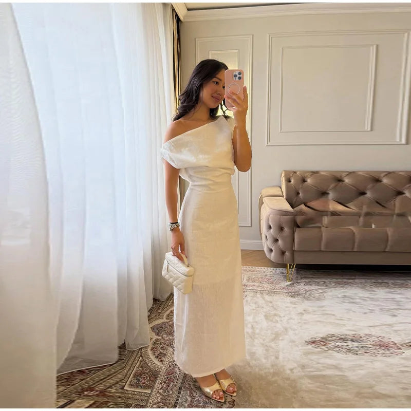 Elegant Off Shoulder Pleated Long Dress Slim Slash Neck Sleeveless Female Party Dresses 2026 Summer Autumn Lady Chic Solid Robes