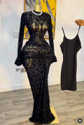 CM.YAYA Women Flare Long Sleeve Stacked Dot Mesh See Though with Lining Maxi Long Dress 2025 Evening Birthday Sexy Party Dresses